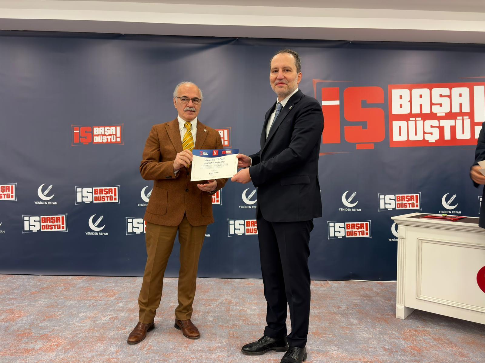 Yeniden Refah Partisi’nden Samsun’a Teşekkür Belgesi